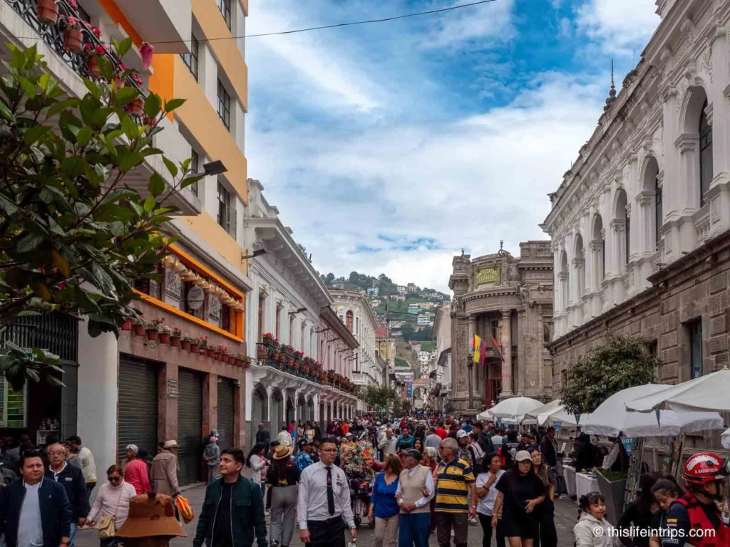 walking tour of Quito old town busy streets